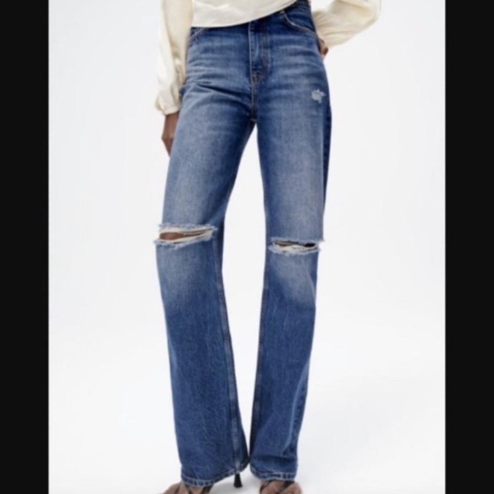 Zara The New Daddy High Waisted Distressed Straight Leg Jeans